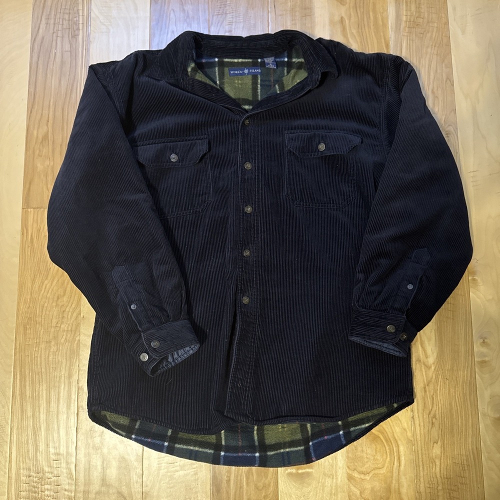 World Island Mens XL Corduroy Shacket Jacket Fleece Lined Blue Plaid Outdoor